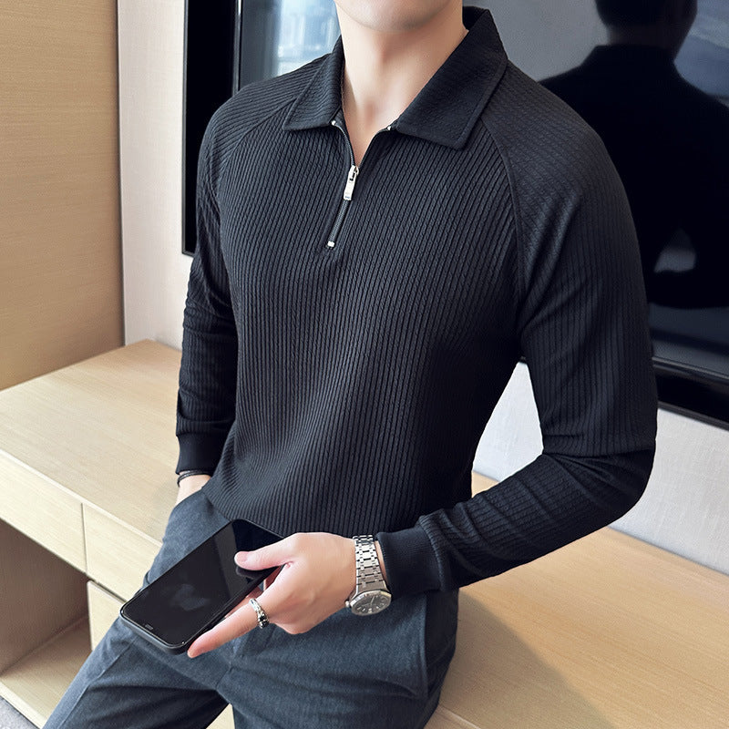 High Elastic Thickened Seersucker Half Zipper Polo Shirt