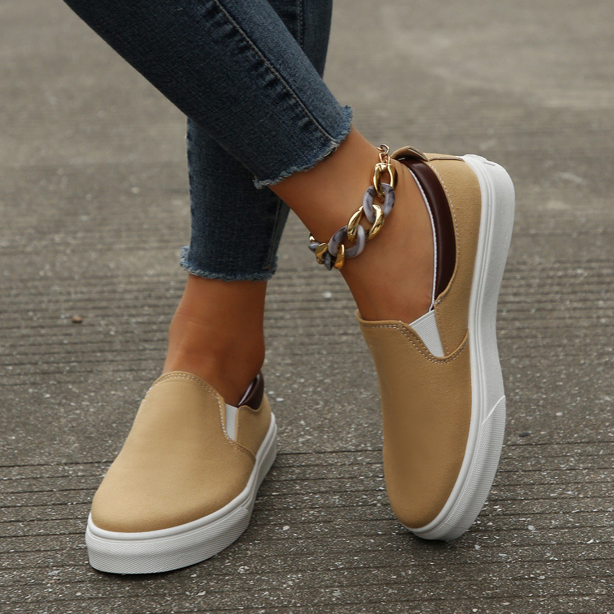Womens Low-Top Solid-Colored Flat Shoes Cross-Border Slip-On Color-Block Loafers