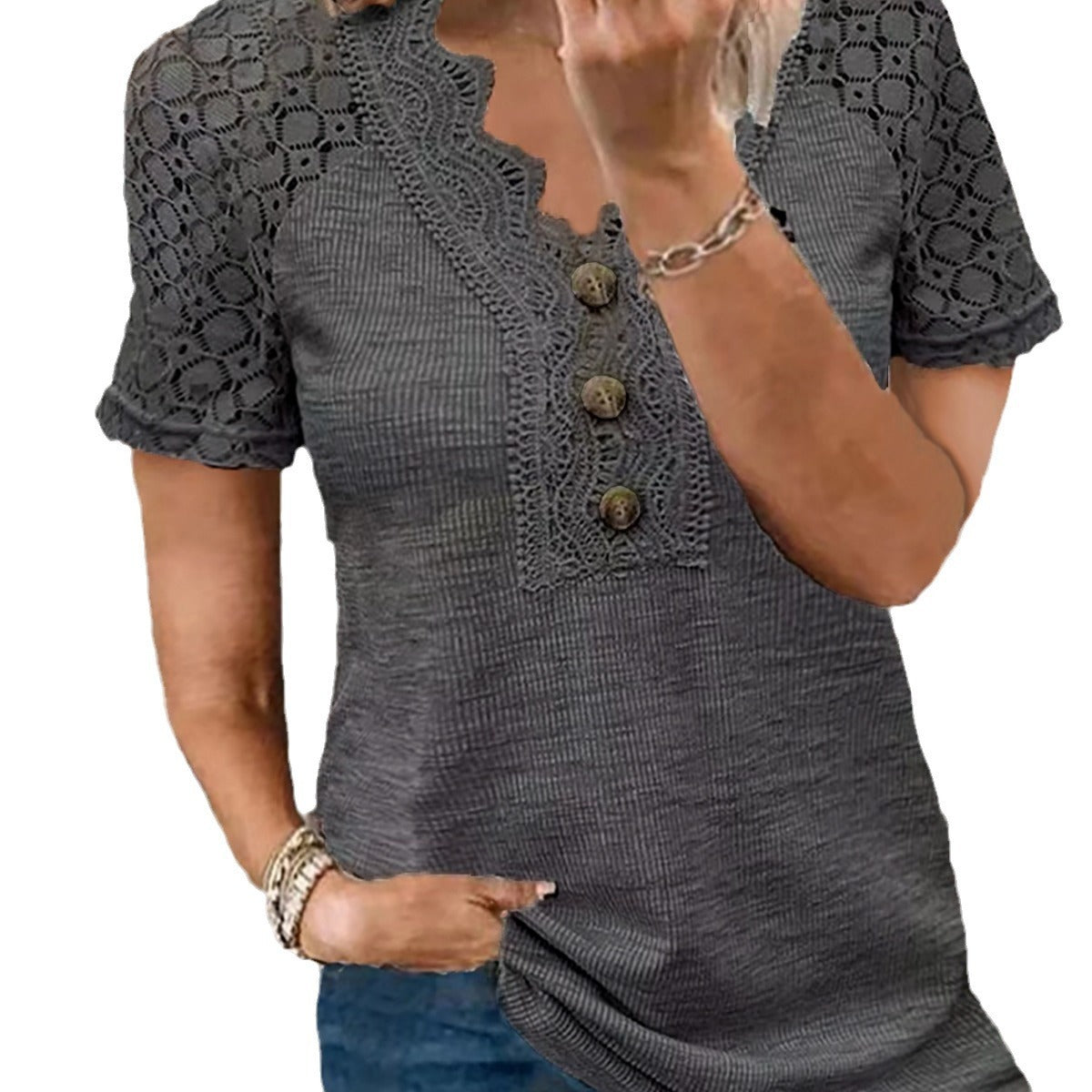 Women's V-neck Buttons Hollow Lace T-shirt