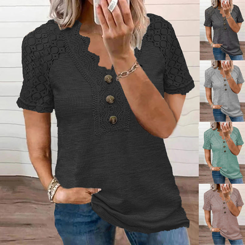 Women's V-neck Buttons Hollow Lace T-shirt