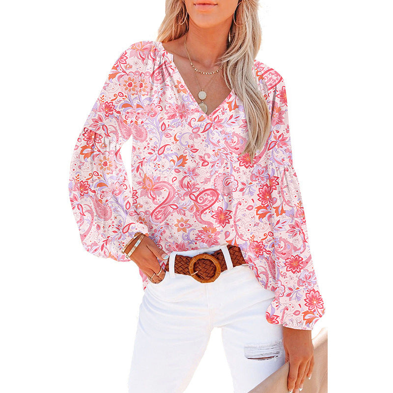 Women's Floral Chiffon Shirt Loose V-neck Casual Top