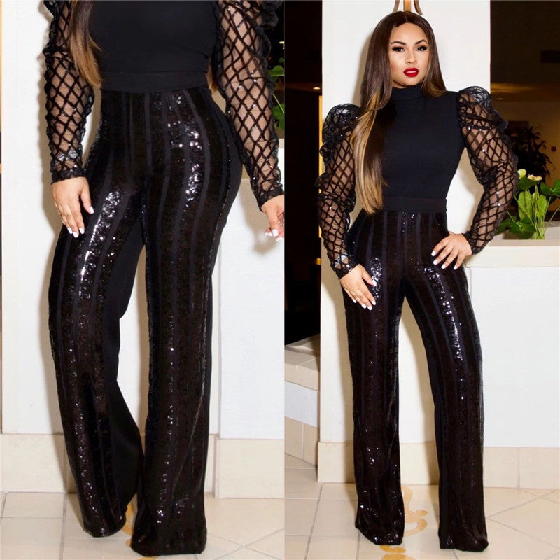 Fashion Sexy Sequin Mesh Puff Sleeve Top Long Sleeves