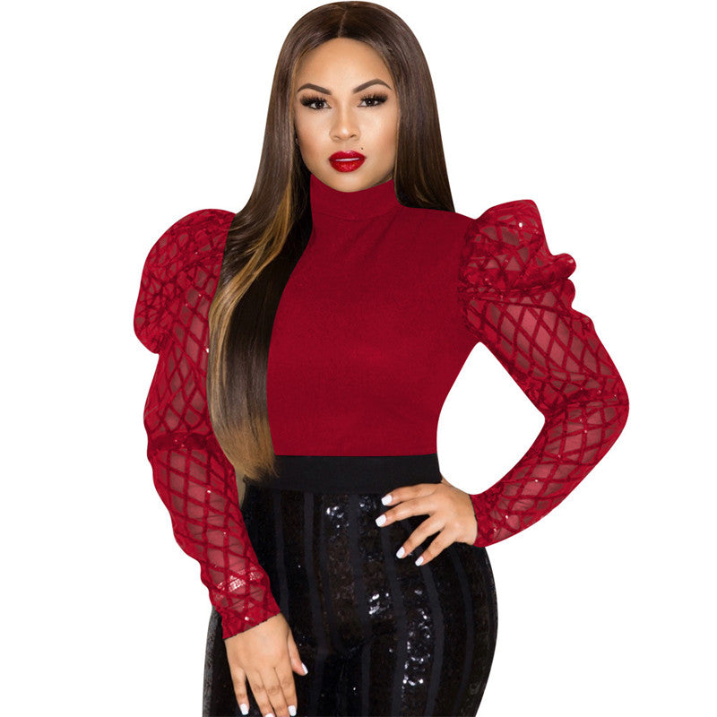 Fashion Sexy Sequin Mesh Puff Sleeve Top Long Sleeves