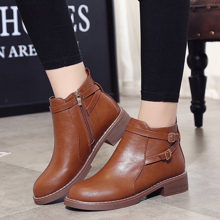 Womens Low-heeled Leather Buckle Ankle Boots