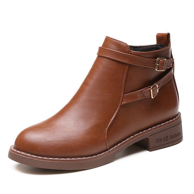 Womens Low-heeled Leather Buckle Ankle Boots