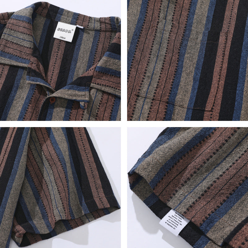Japanese-style Retro Amekaji Ethnic Style Striped Short Sleeve Shirt
