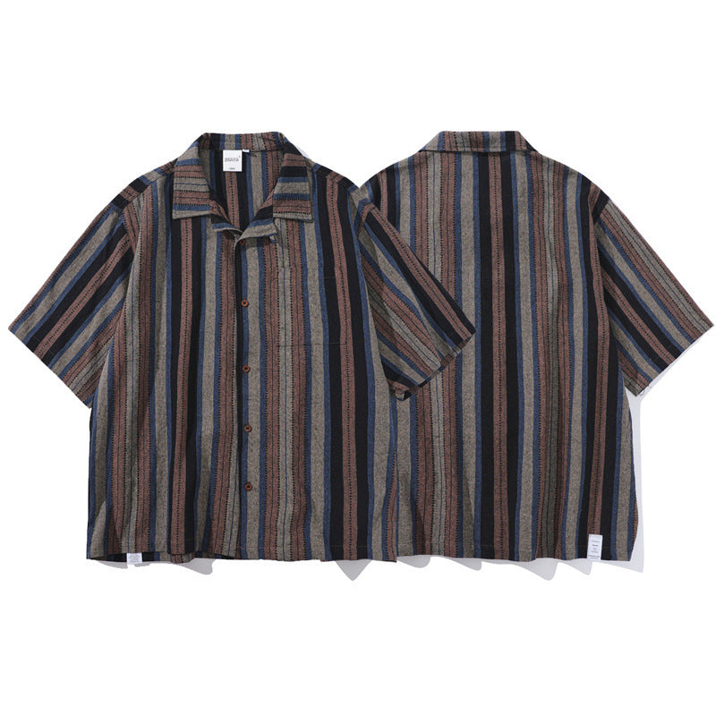 Japanese-style Retro Amekaji Ethnic Style Striped Short Sleeve Shirt