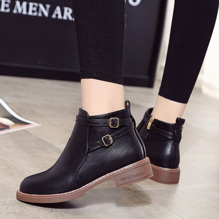 Womens Low-heeled Leather Buckle Ankle Boots