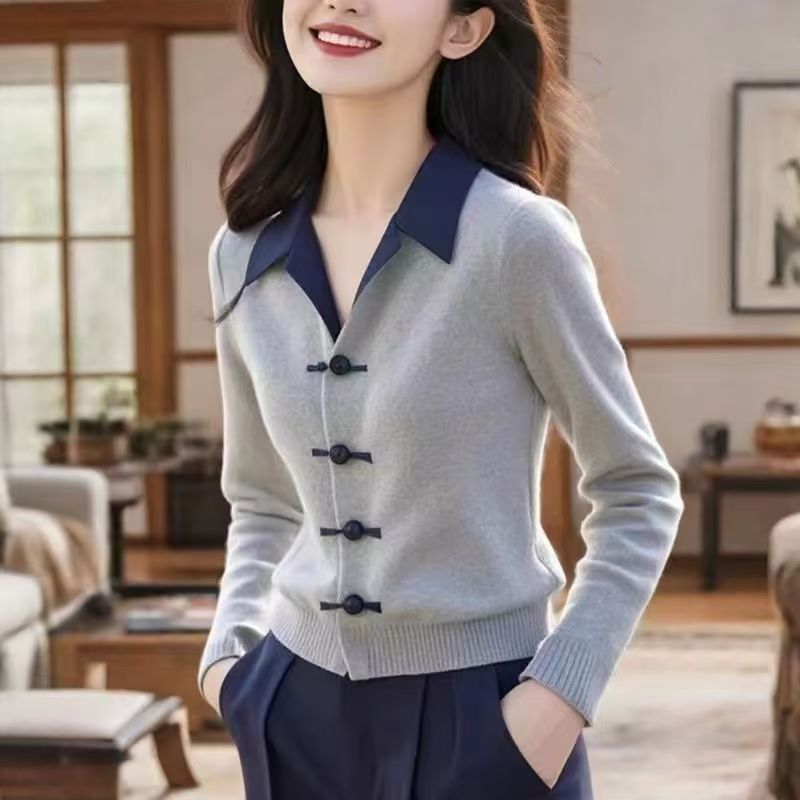 Womens Minimalist Elegant New Chinese-Style Knot-Button Knitted Top