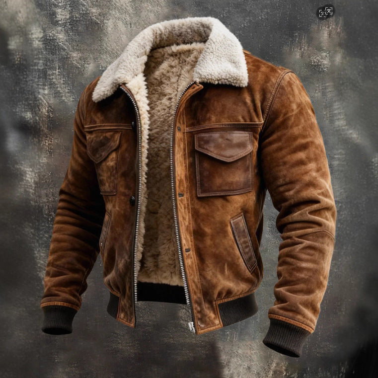 Mens Retro Multi-Pocket Fleece-Lined Versatile Outdoor Jacket