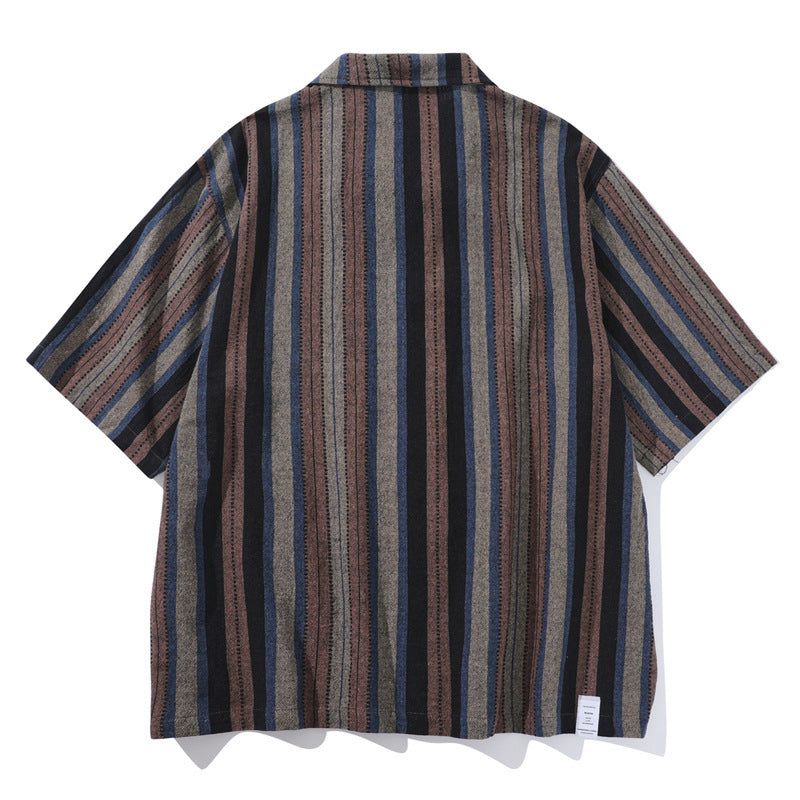 Japanese-style Retro Amekaji Ethnic Style Striped Short Sleeve Shirt