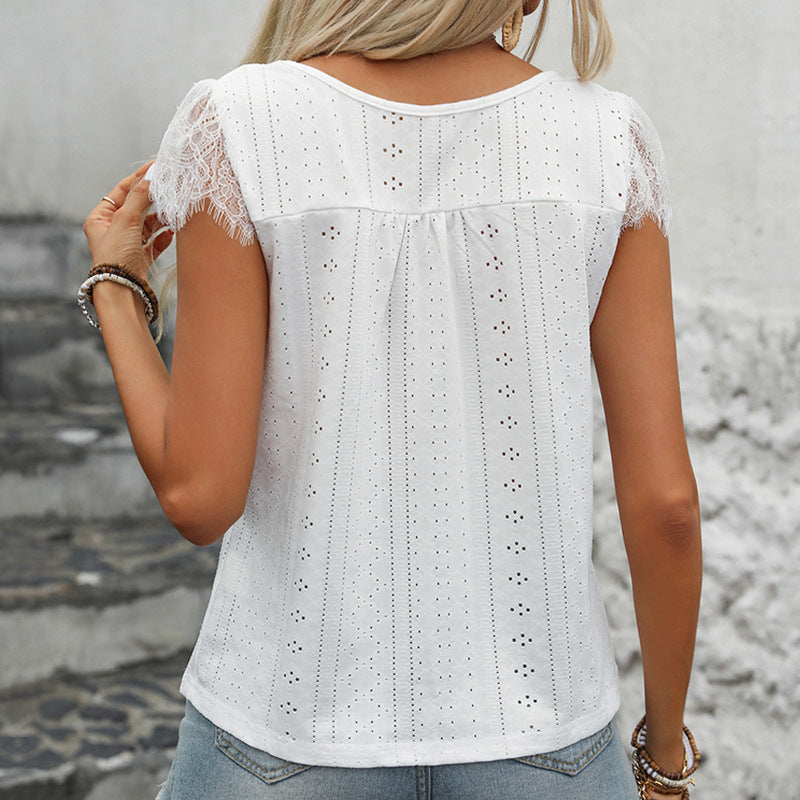 Basic Style Lace Stitching Short Sleeve T-shirt V-neck Casual Top