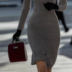 Womens Retro Elegant High-End Round-Neck Houndstooth Dress