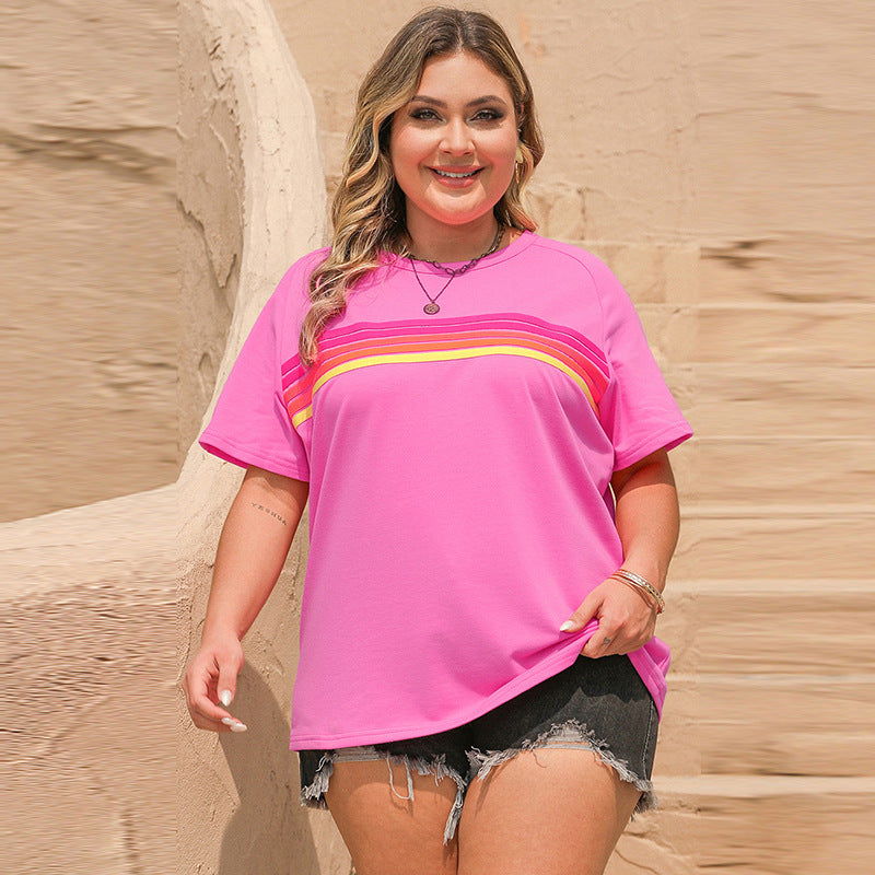 Casual All-matching Striped Contrast Color Women's T-shirt