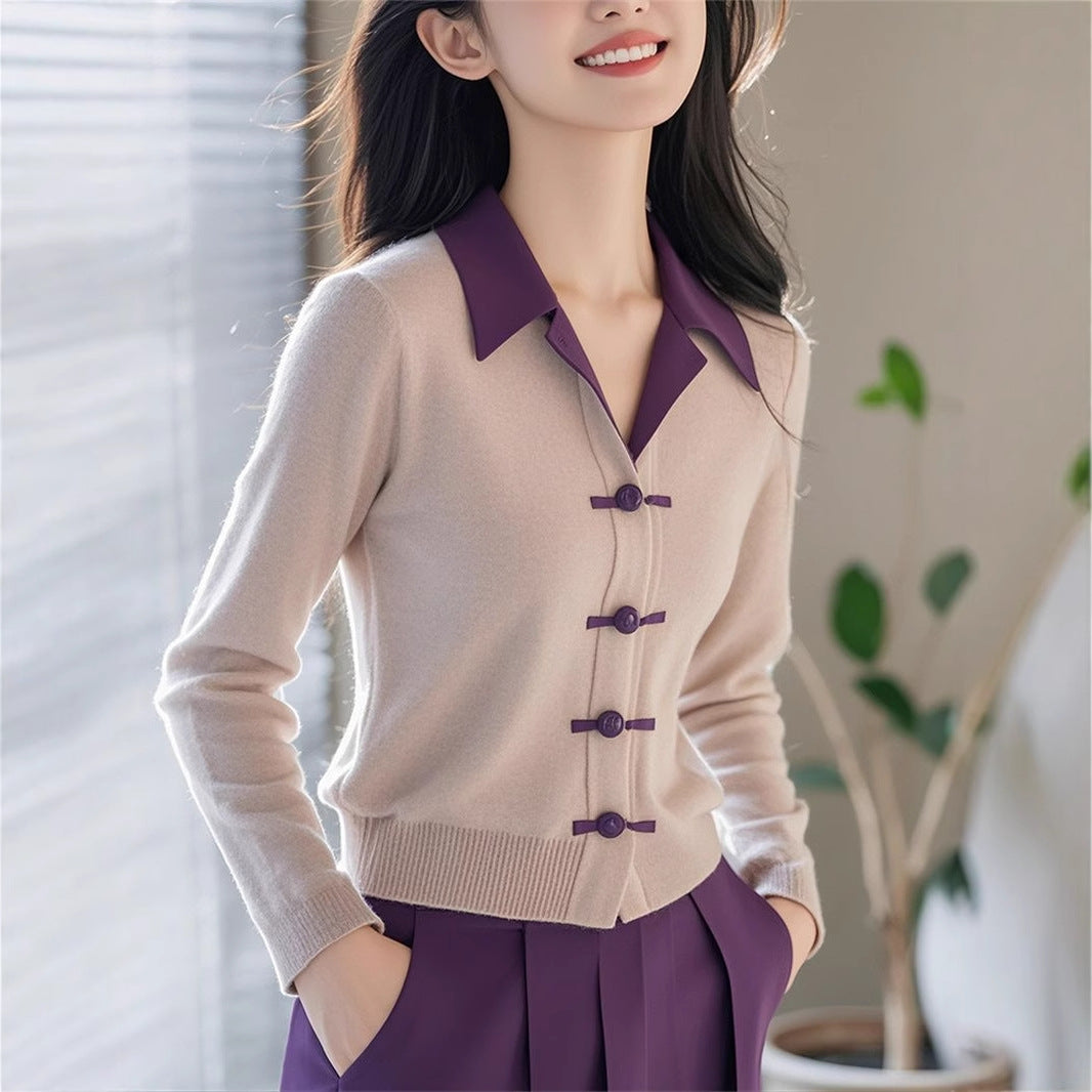 Womens Minimalist Elegant New Chinese-Style Knot-Button Knitted Top