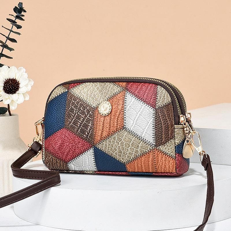 Color-Block Patchwork Versatile ShoulderCrossbody Bag With Dual Zippers