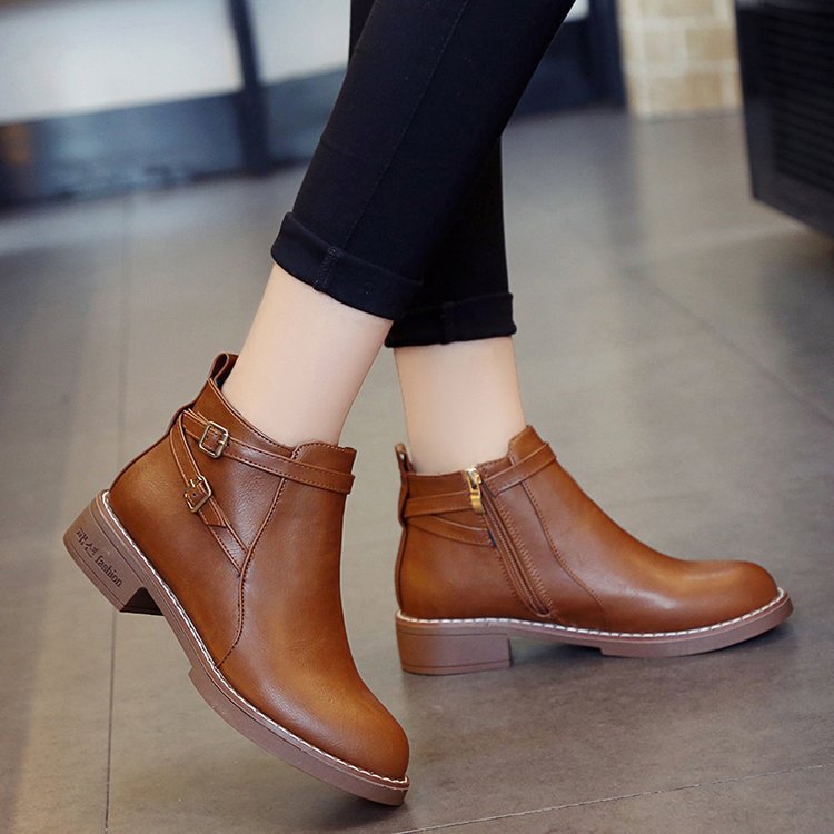 Womens Low-heeled Leather Buckle Ankle Boots