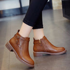 Womens Low-heeled Leather Buckle Ankle Boots