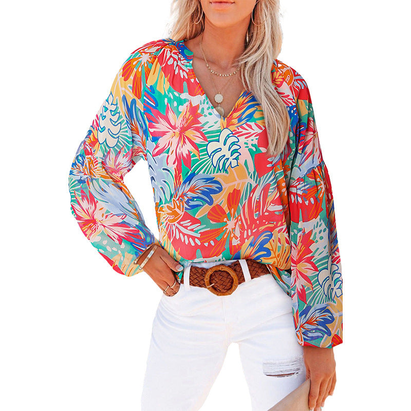 Women's Floral Chiffon Shirt Loose V-neck Casual Top