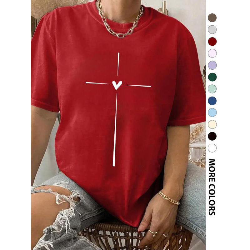 Women's Cross Heart Print Round Neck Tee Graphic Tees T-shirt