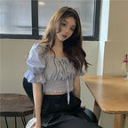 Off Shoulder Lace Up Bow Crop Top Blouse Women Summer Shirring Puff Short Sleeve Female Shirts Sweet Ruffle Tunic Korean Fashion