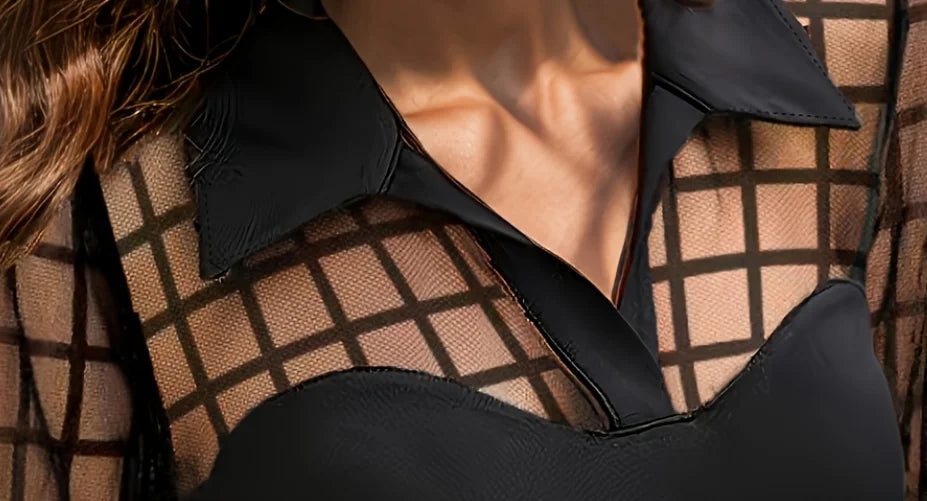 Fashionable temperament commuting black grid long sleeved mesh top