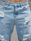 Men's Spring/Summer Street Fashion Casual Ripped and Distressed Straight-Leg Blue Denim Shorts, maintains its shape, wrinkle-res