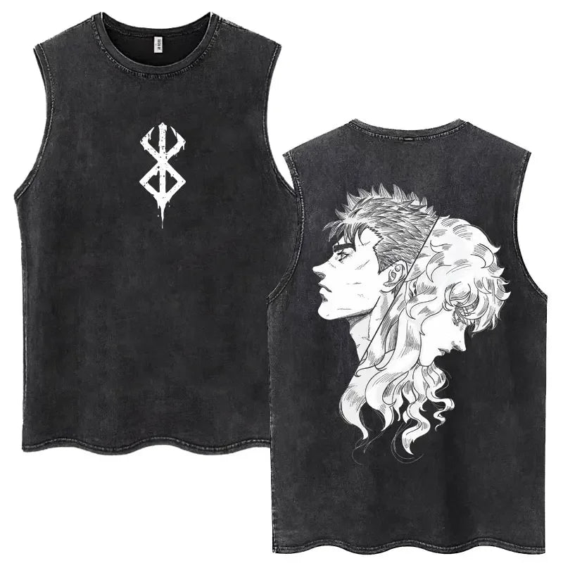 Anime Berserk Guts Washed Harajuku Tank Tops Retro Manga Gatsu Griffith Zodd Sleeveless T Shirts Unisex Cotton Oversized T-Shirt