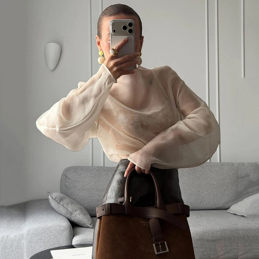 Linad Elegant Brown Mesh O Neck Blouse Women 2025 Sexy Apricot Sheer Shirt Female Autumn Street Chic Loose Long Sleeve Tops New
