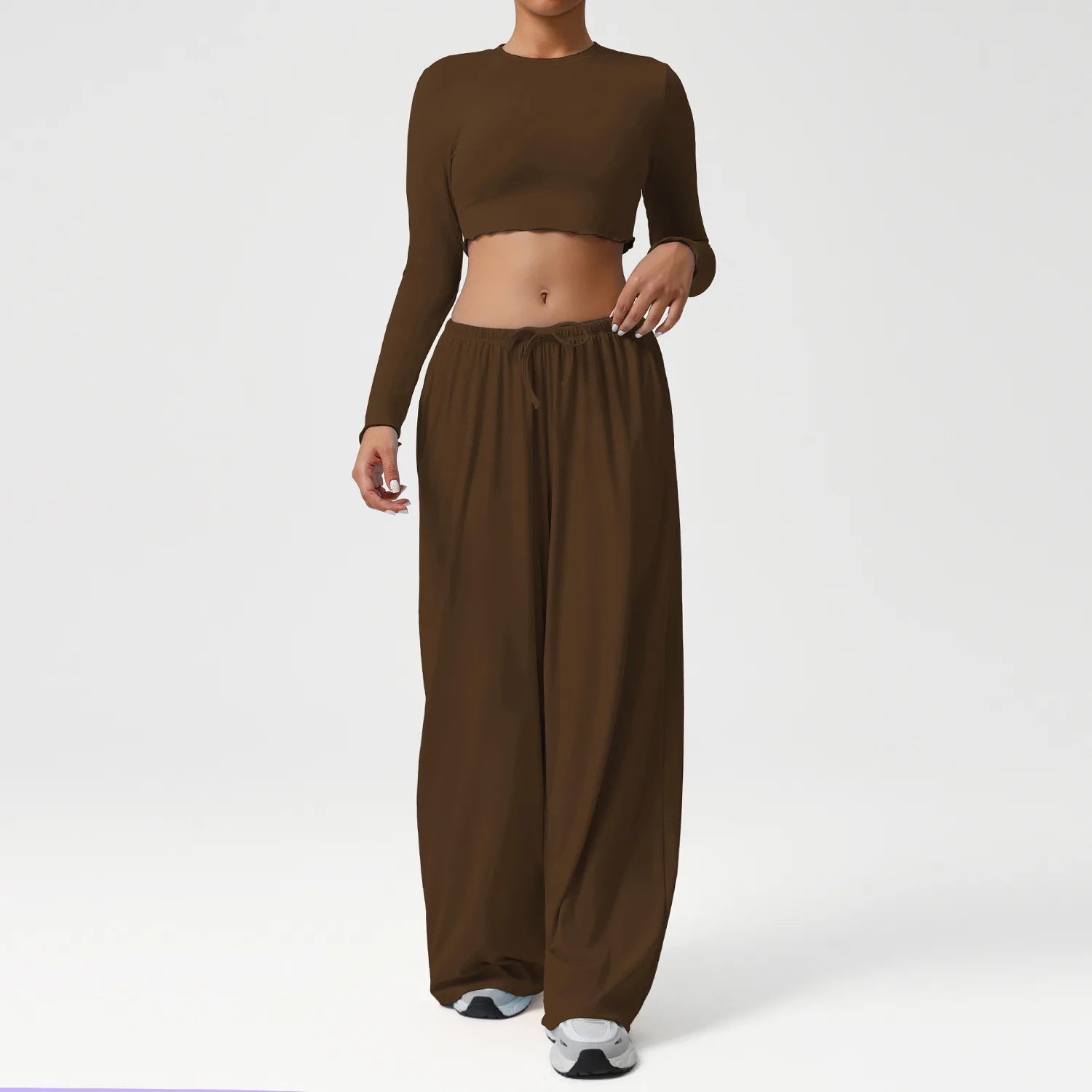 2PCS Yoga Set Women Sportswear Gym Clothing Fitness Workout Set Female Long Sleeve Crop Top High Waist Flared Pant Sports Suits
