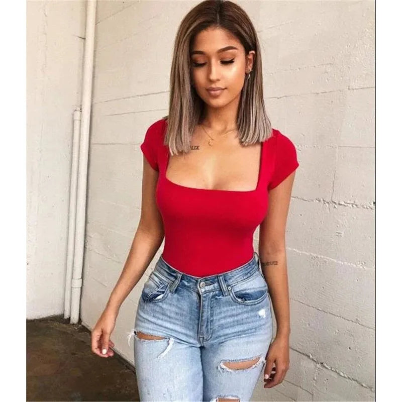 Summer Fashion Women Body Square Neck Tops Bodysuits Sexy Slim Fit Foundation Solid Color Short Sleeve One Piece Top Bodysuit