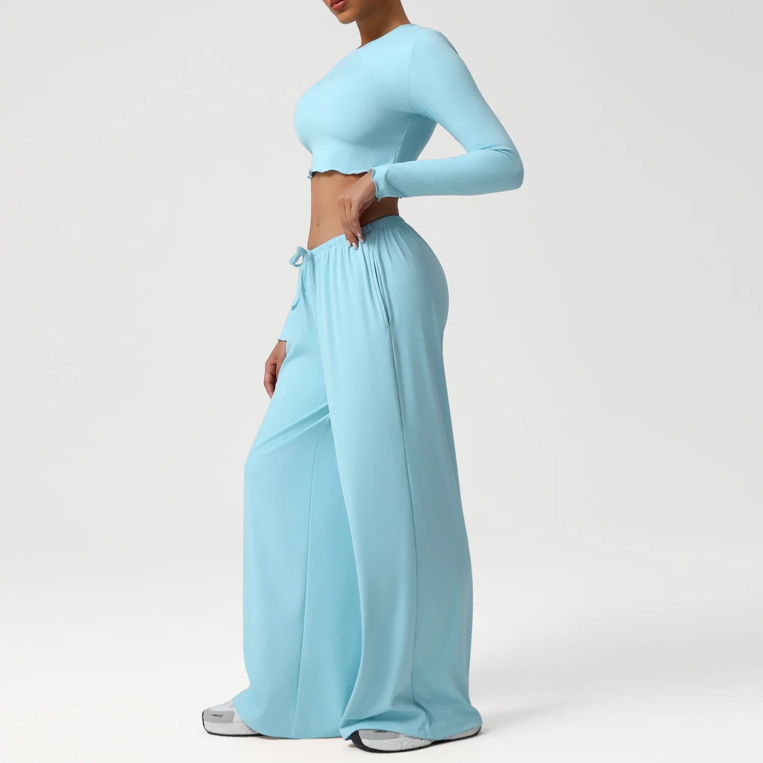 2PCS Yoga Set Women Sportswear Gym Clothing Fitness Workout Set Female Long Sleeve Crop Top High Waist Flared Pant Sports Suits