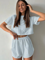 Women's sleepwear short sleeved shorts, solid color breathable and sexy two-piece home suit, summer comfortable casual sleepwear