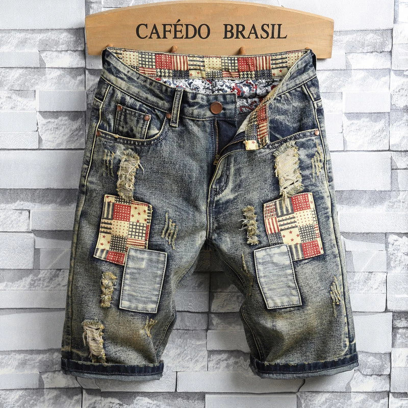2026 New Summer Fashion Ripped hole Mens Jeans Short Street Vintage Straight Slim Denim Mid Waist  Brand Print Shorts