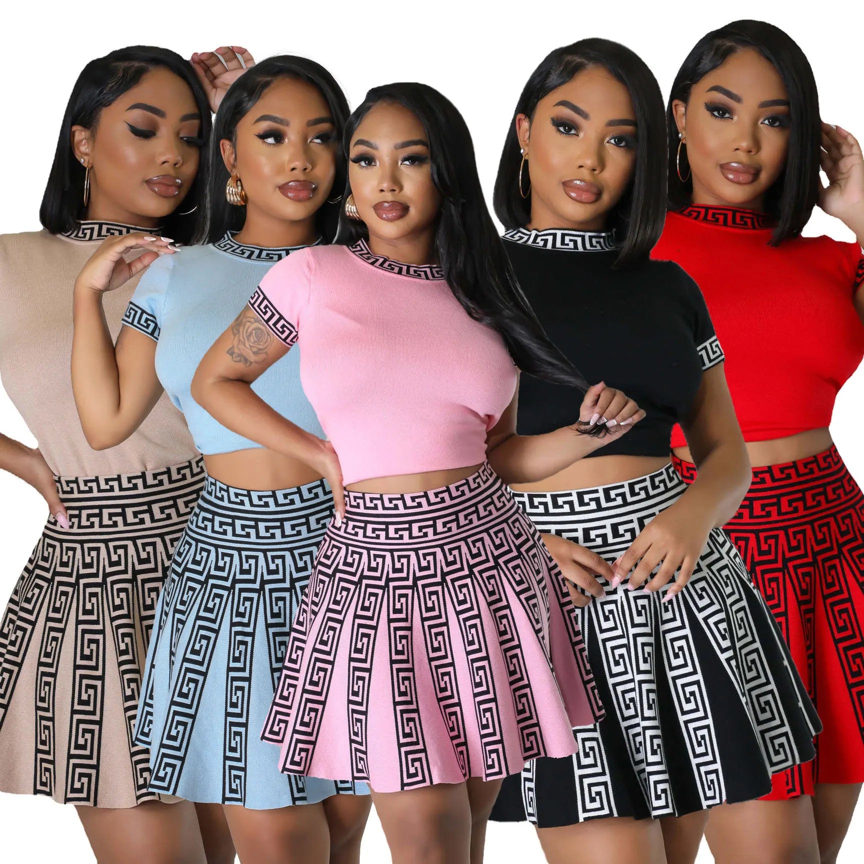 AJ4399 Fashionable round Neck Short Sleeve Pleated Two-Piece Set Women's Knitted Print Style New Arrival Sweet Fresh Style