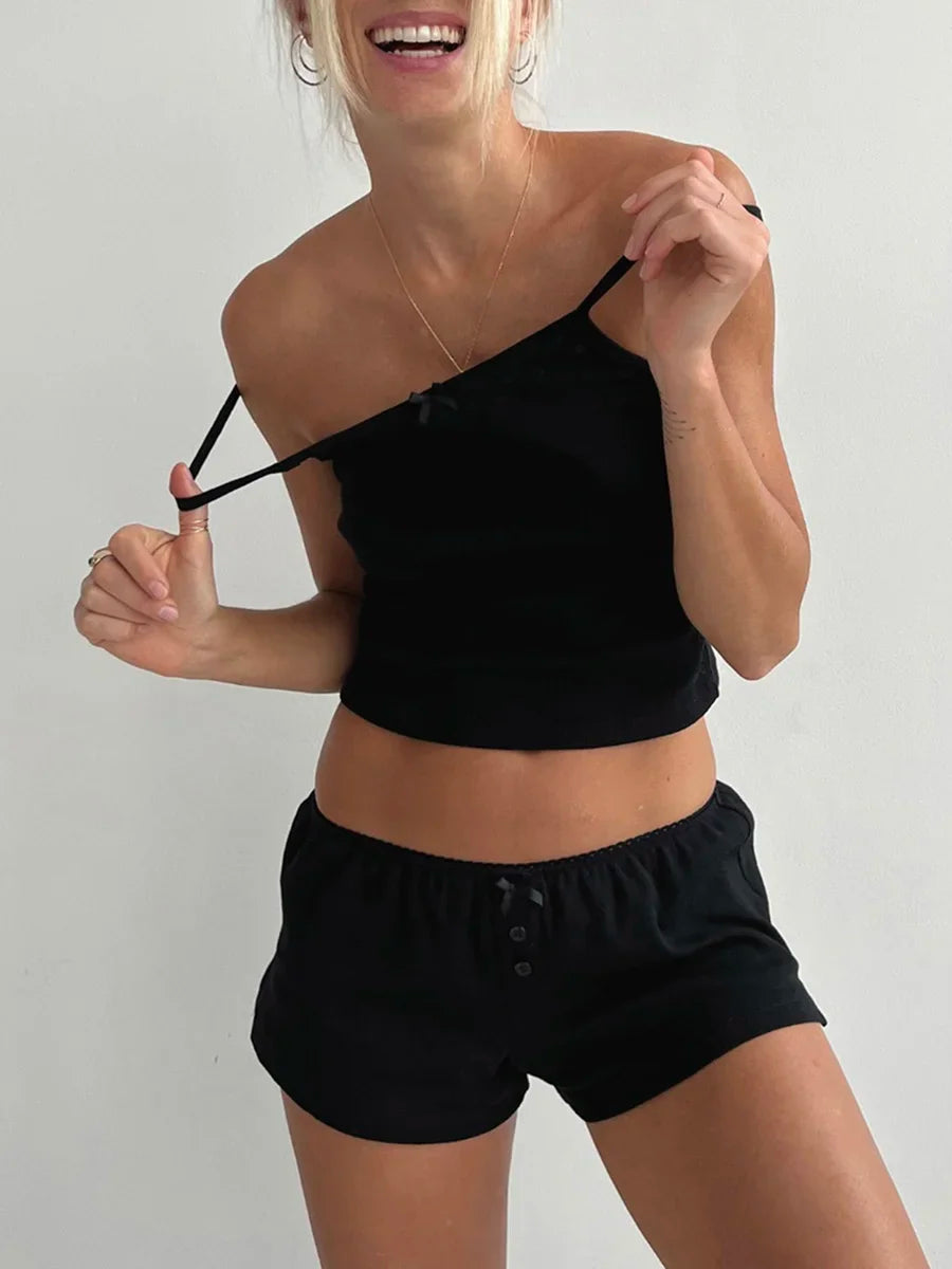 Y2k Comfy Women 2 Piece Outfit Lace Trim Sleeveless Crop Cami Top and Shorts Summer Lounge Pjs Set Sleepwear
