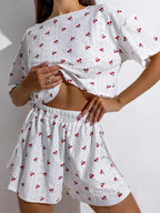 Women Pajamas Set Women's Pajamas Hollow Breathable Printing Sexy Split Shorts Crew Neck Top Set Loungewear Home Comfort