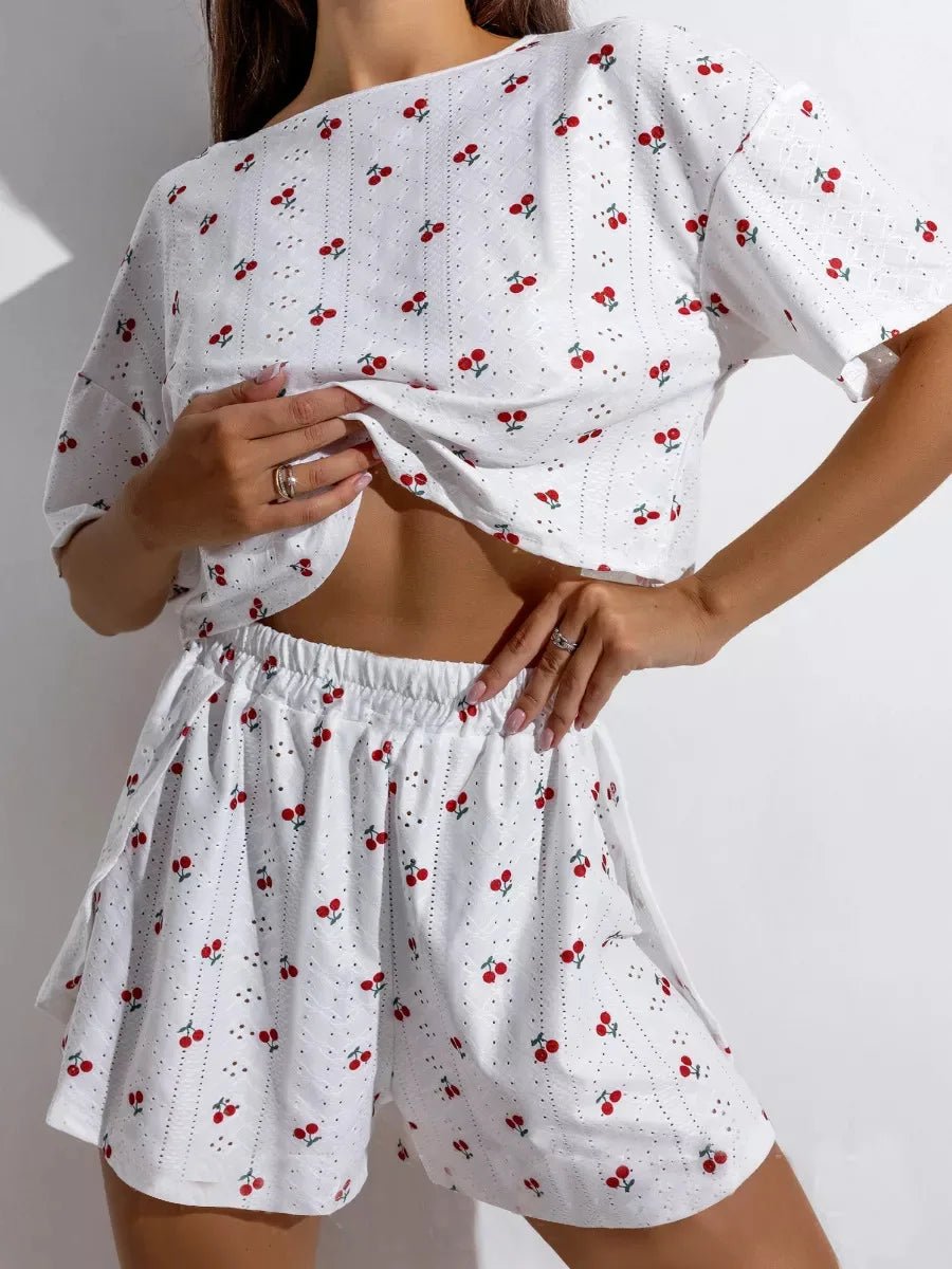 Women Pajamas Set Women's Pajamas Hollow Breathable Printing Sexy Split Shorts Crew Neck Top Set Loungewear Home Comfort