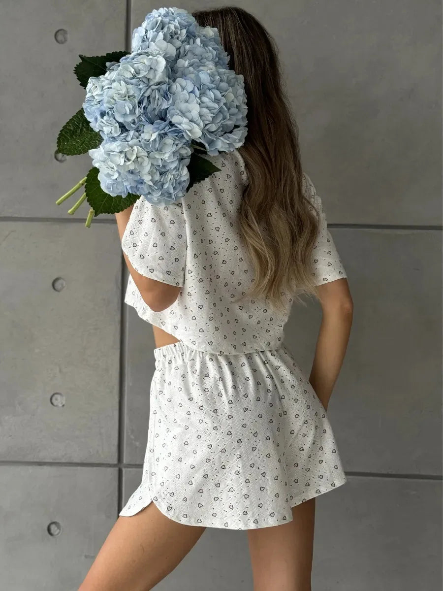 Women Pajamas Set Women's Pajamas Hollow Breathable Printing Sexy Split Shorts Crew Neck Top Set Loungewear Home Comfort