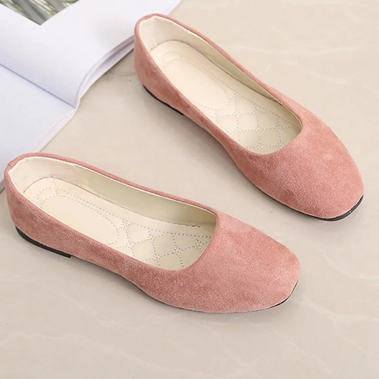 2025 Women Suede Square Flat Heel Shallow Female Shoes Spring Summer Square Toe Basic Concise Women Pumps Size 34-39