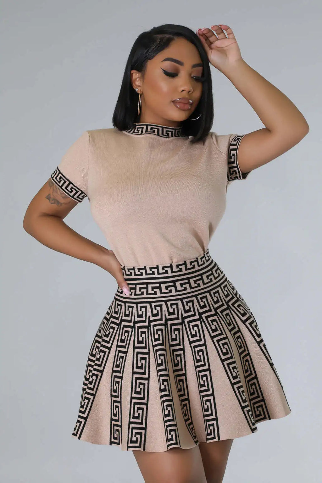 AJ4399 Fashionable round Neck Short Sleeve Pleated Two-Piece Set Women's Knitted Print Style New Arrival Sweet Fresh Style