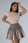 AJ4399 Fashionable round Neck Short Sleeve Pleated Two-Piece Set Women's Knitted Print Style New Arrival Sweet Fresh Style