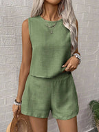 2025 Women's Solid Color Simple Fashion Casual Sleeveless Top and Shorts Set