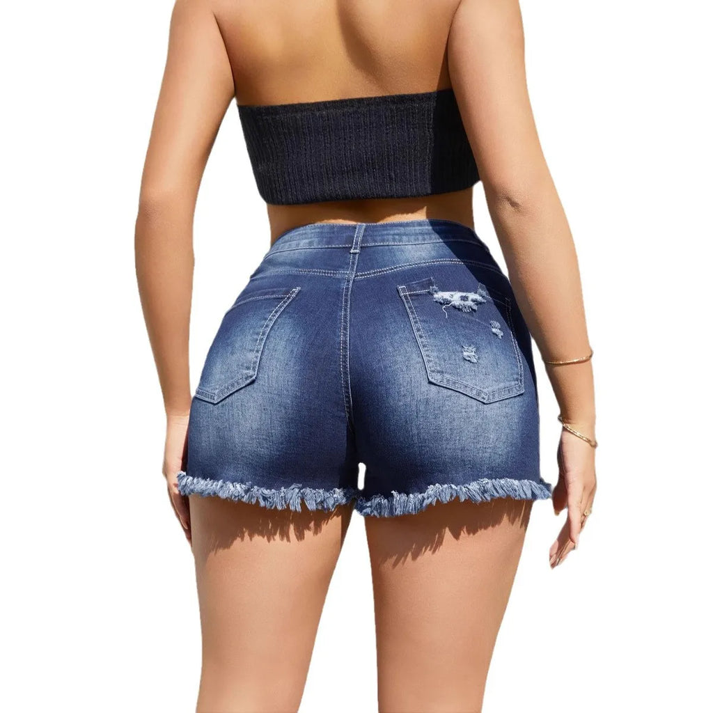 Denim Shorts Women Straight Jeans Hole Ripped Tassels Distressed Washed Stretch High Waist Summer Streetwear 2026 Short Pants