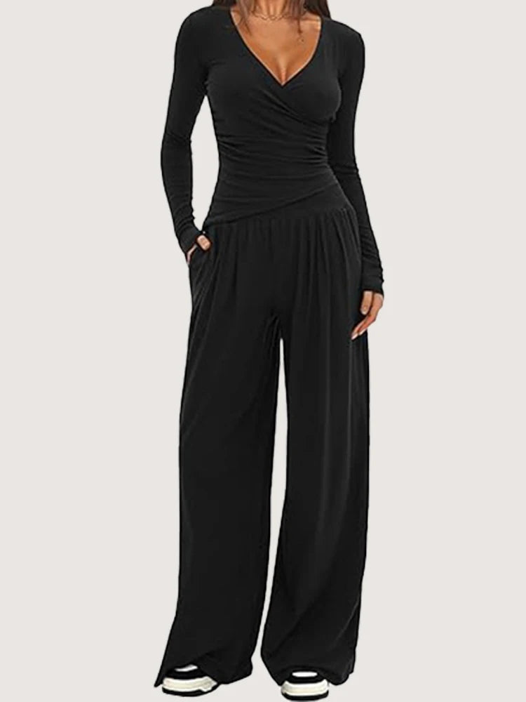 2025 autumn and winter wide leg pants set, women's long sleeved multi occasion sportswear, commuting hot selling item