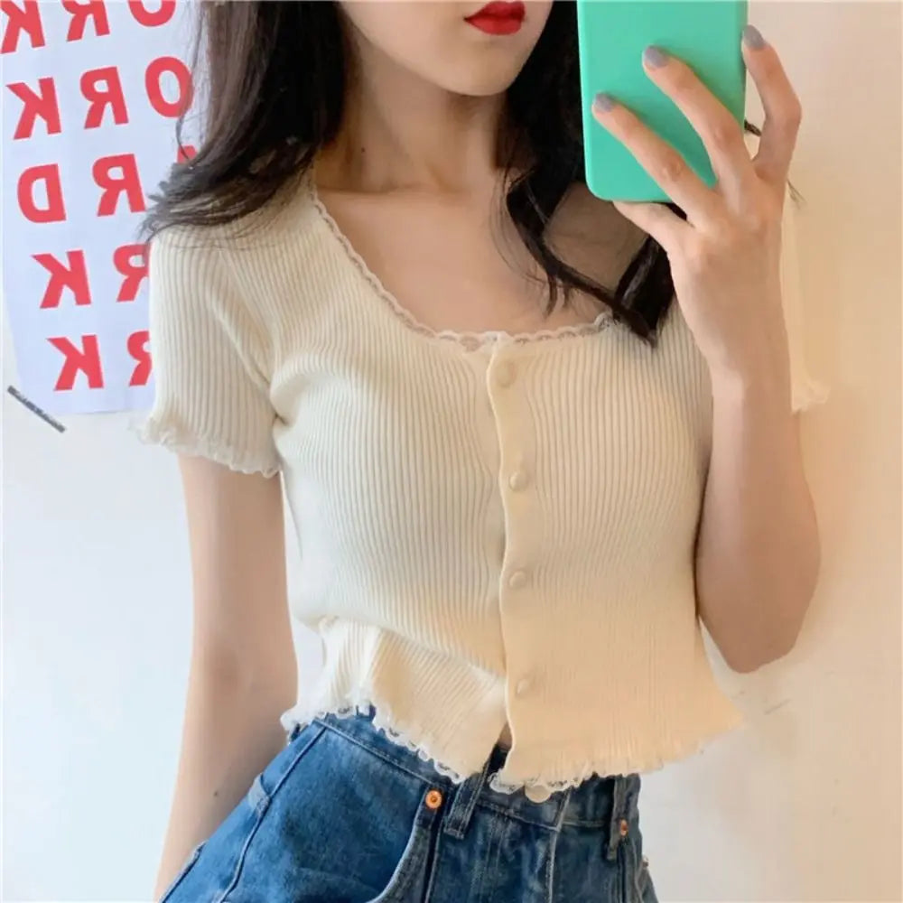 Korean Style Summer Spring Lace T-shirt Button Stylish Crop Top Slim Fit Knitted Cardigans
