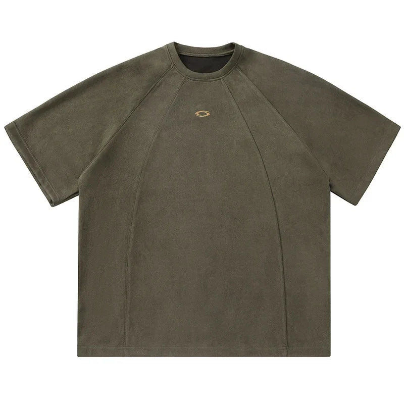 TFETTERS Brand Splicing Suede Male T Shirt 2026 Summer New American Vintage Short Sleeve T-shirts Man Solid Color Mens Clothing