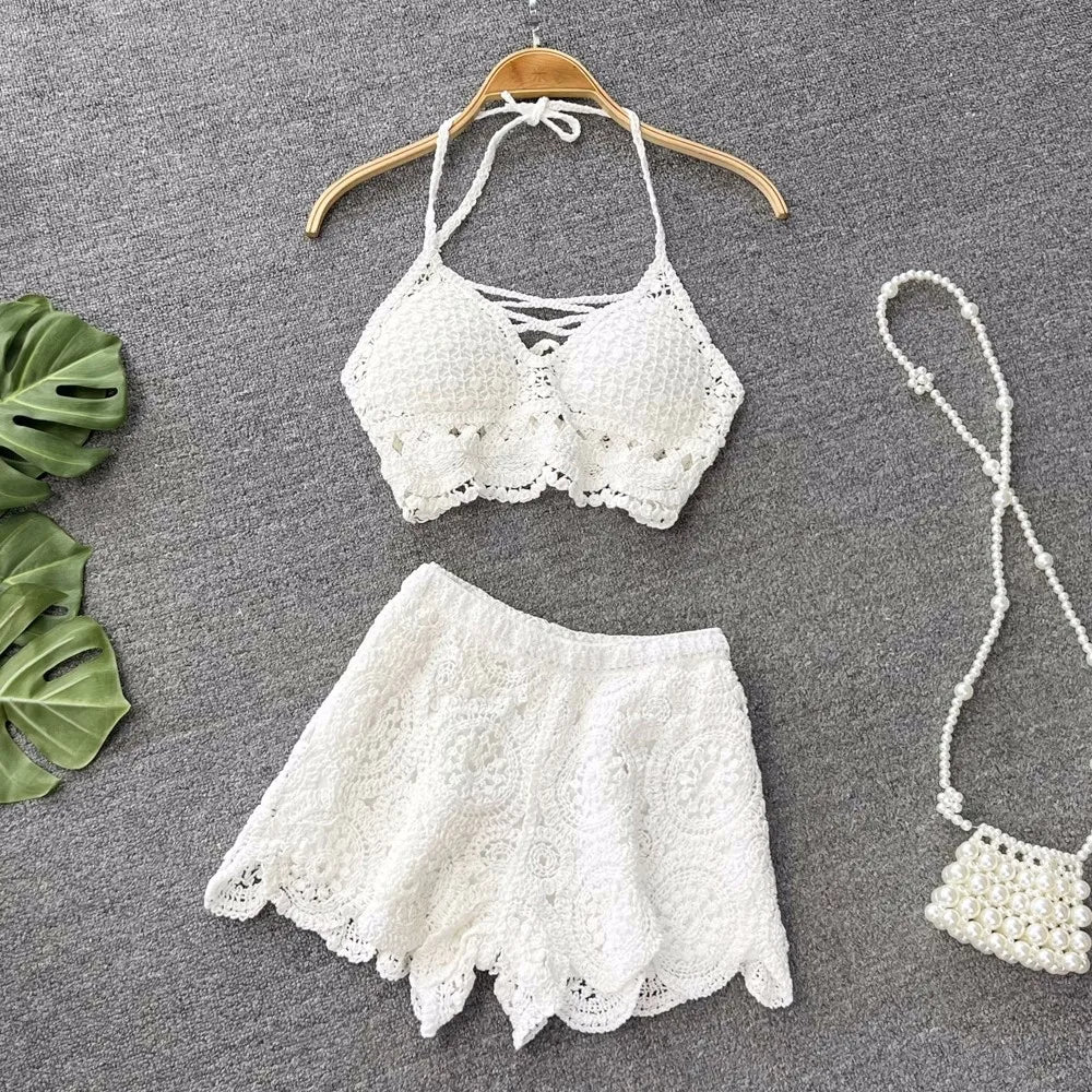 SINGREINY Knit Two Piece Sets Women Summer Vacation Backless Camisole Elastic Waist Shorts Hollow Out Y2K Beach Style Suits