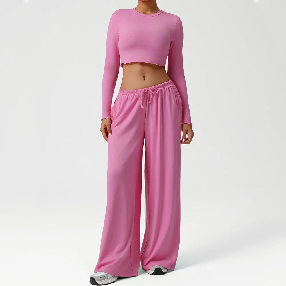 2PCS Yoga Set Women Sportswear Gym Clothing Fitness Workout Set Female Long Sleeve Crop Top High Waist Flared Pant Sports Suits