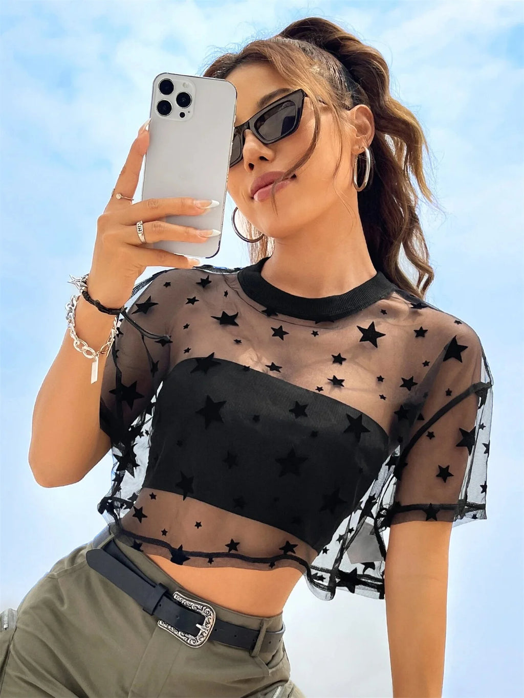 Fashion-Forward Y2K Heart Print Sheer Mesh Crop Top - Ethereal Crew Neck Short Sleeve Tee for Spring & Summer Styling - Womens C